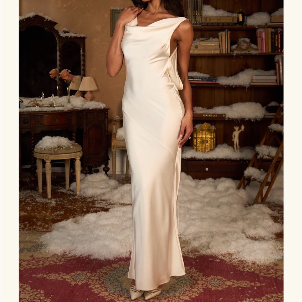Mirror Palais Plunging Neck Cowl Dress in Pearl